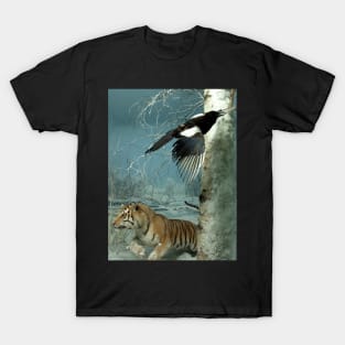 Natural environment diorama - a tiger and a bird in the snow T-Shirt